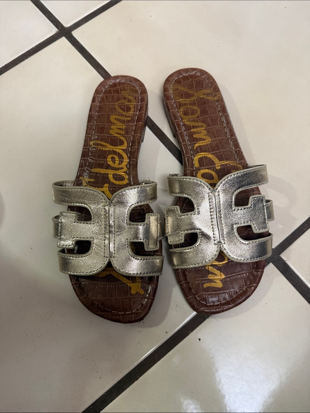 Sam Edelman Metallic Silver Leather Slide Sandals